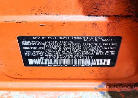 2014 Subaru Xv Crosstrek 2.0 Limited from USA, damaged, VIN JF2GPAKC6E8270917